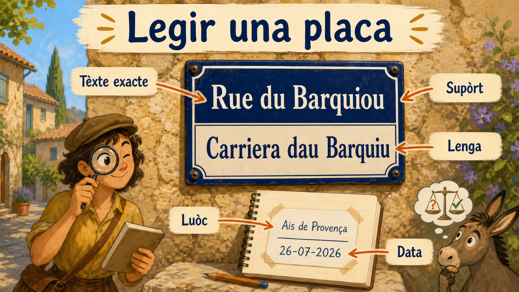 Una placa bilingüa es documentada amb son tèxte exacte, son supòrt, sa lenga, son luòc e sa data.